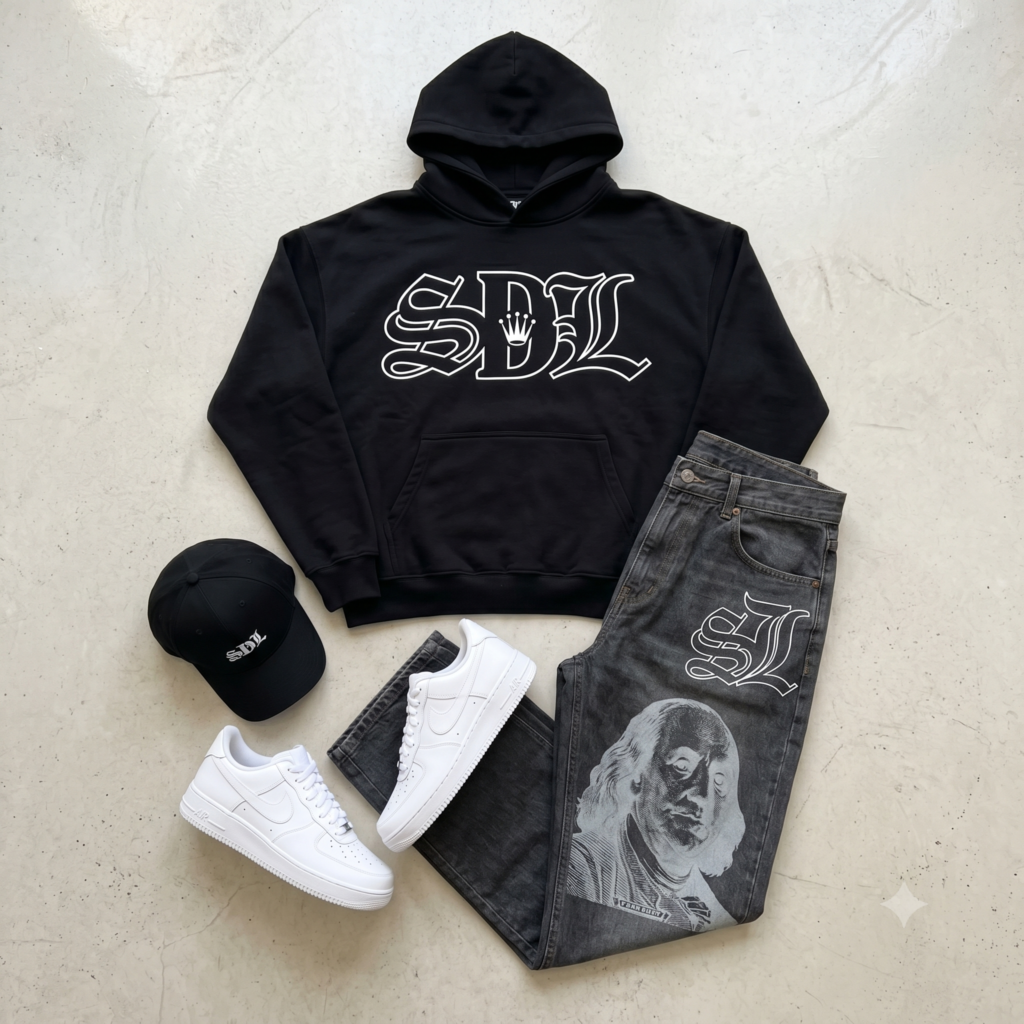 SDL hoodie, graphic jeans, sneakers and cap streetwear outfit flat lay